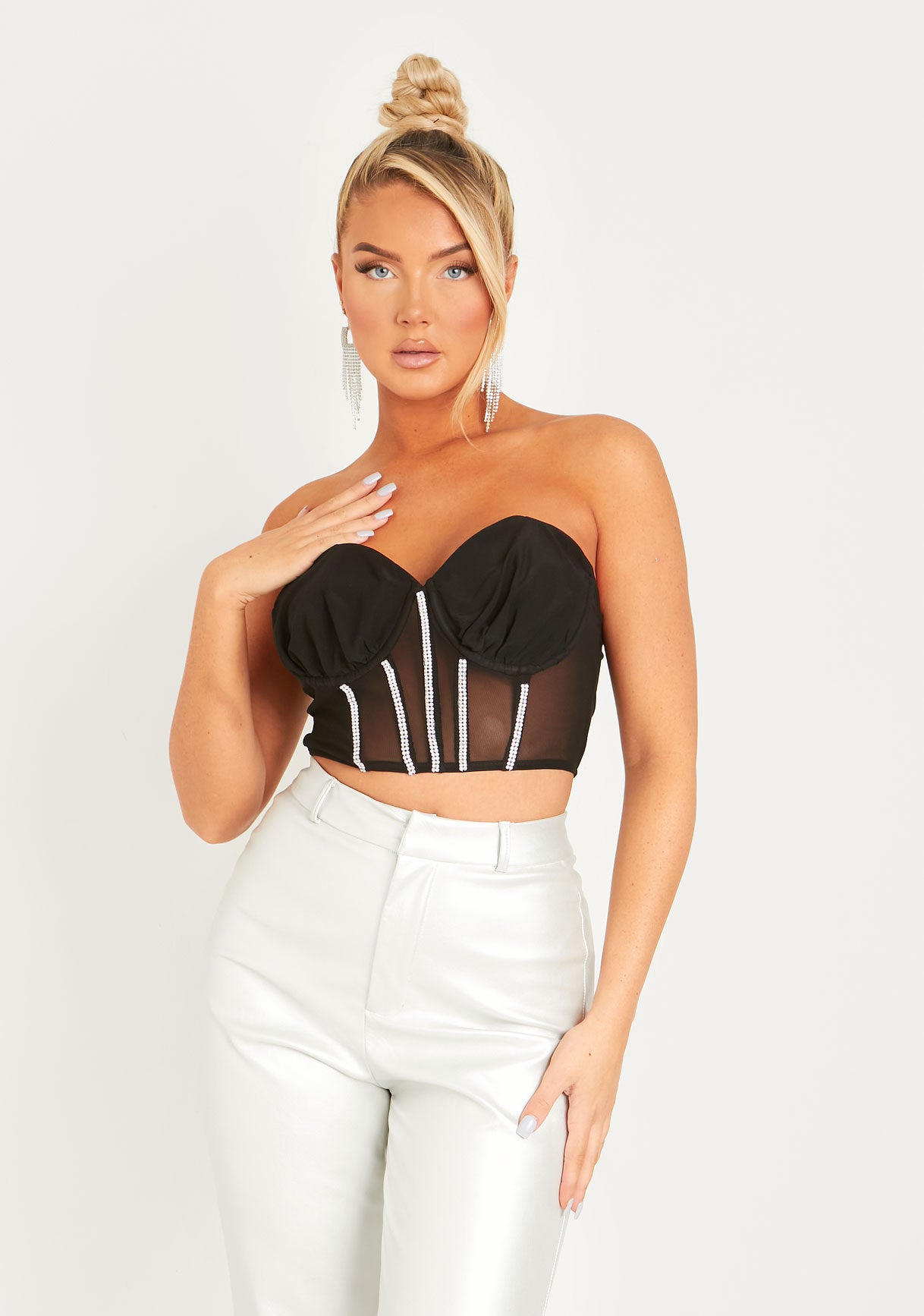 Inga Black Woven Mesh Structured Diamante Cropped Corset