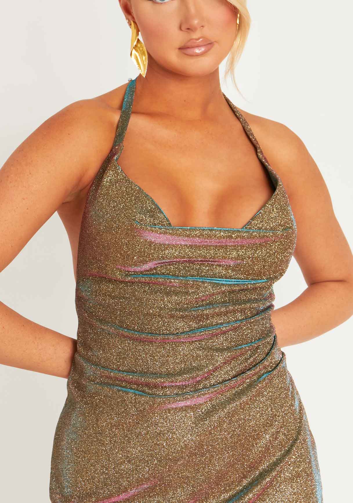 Mahalia Multi Mermaid Glitter Cowl Neck Halter Neck Mini Dress