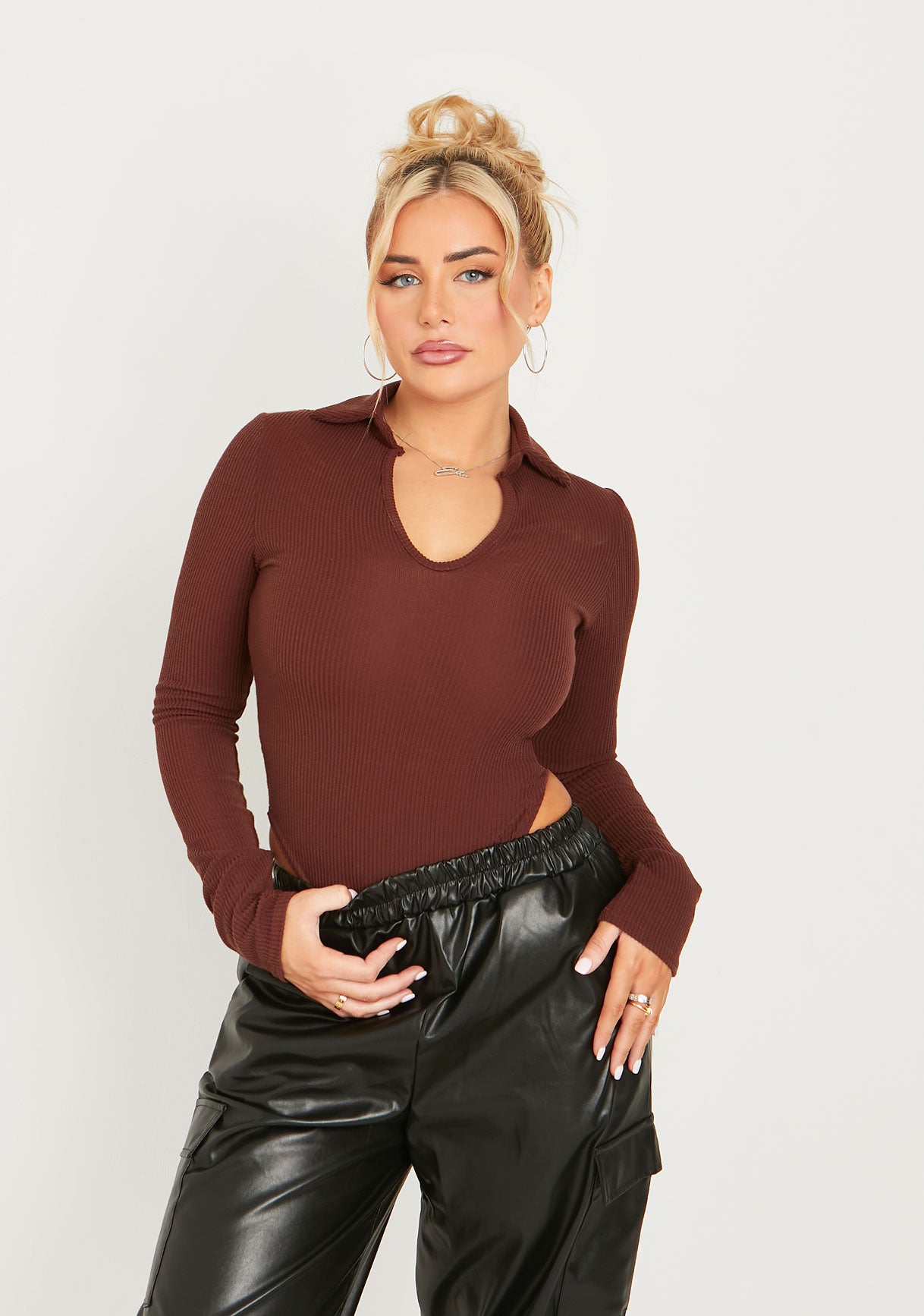 Karla Chocolate Long Sleeve Collared High Leg Bodysuit