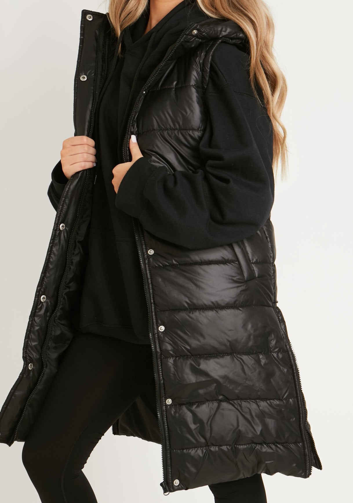 Cathy Black PU Longline Gilet Puffer Jacket