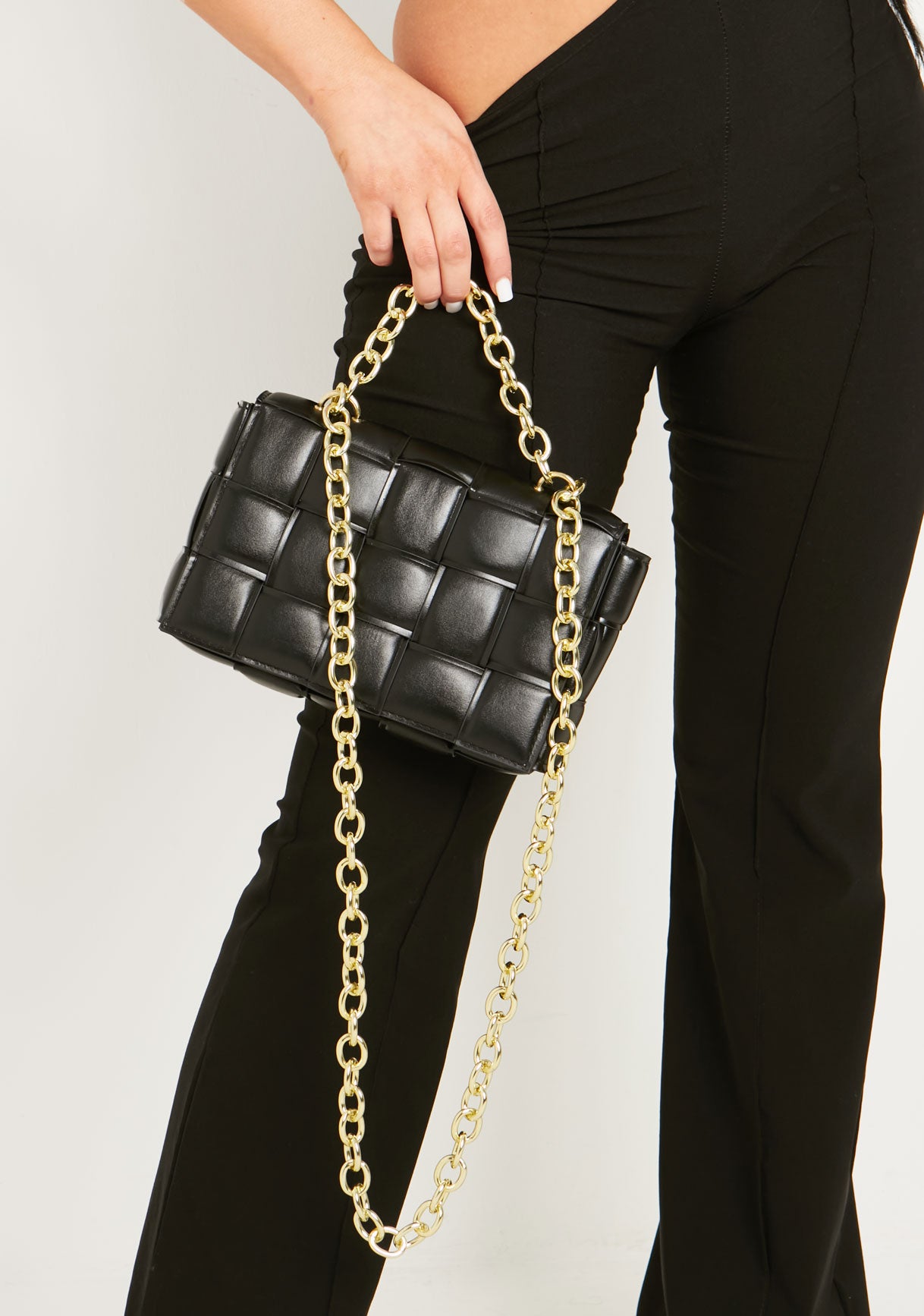 Mabel Black Woven Chain Detail Shoulder Bag