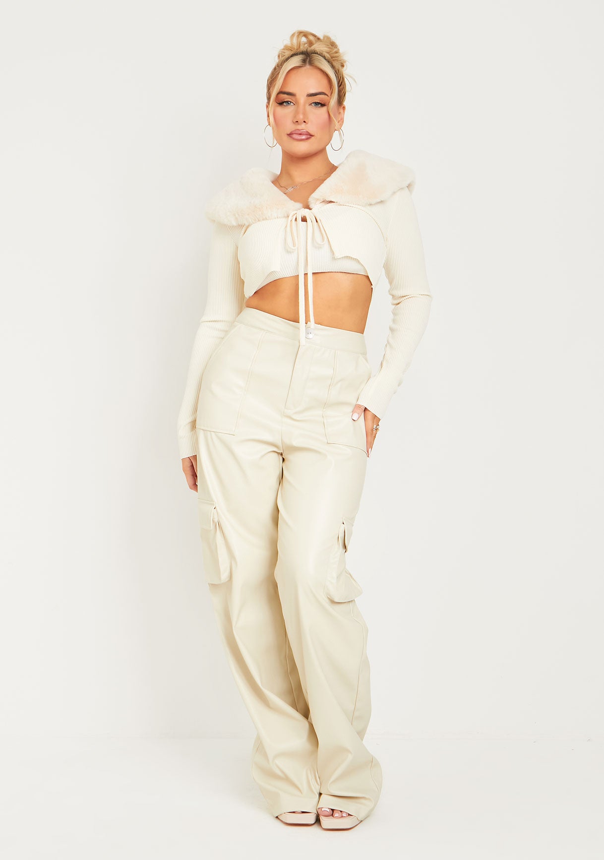 Enya Cream PU Wide Leg Cargos