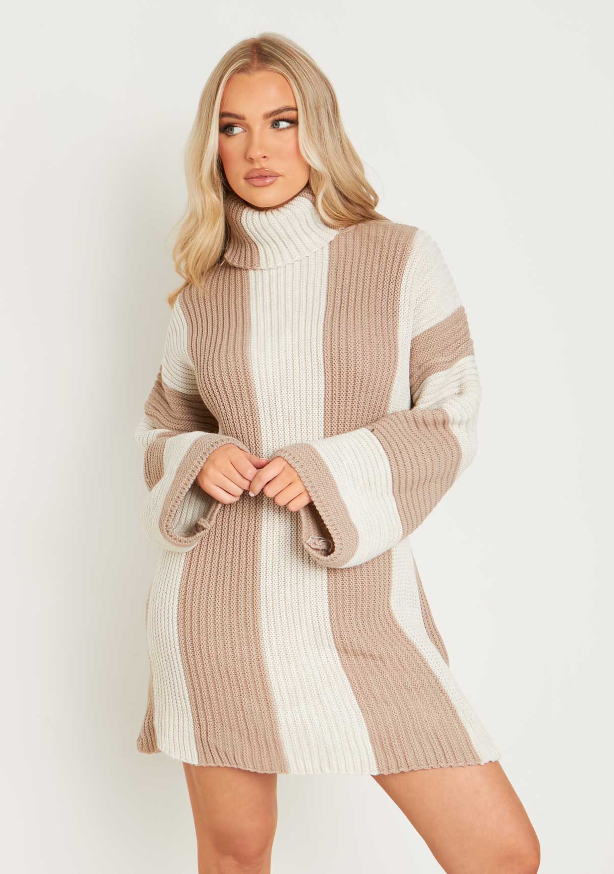 Coco Beige Knitted Stripe Roll Neck Jumper Dress