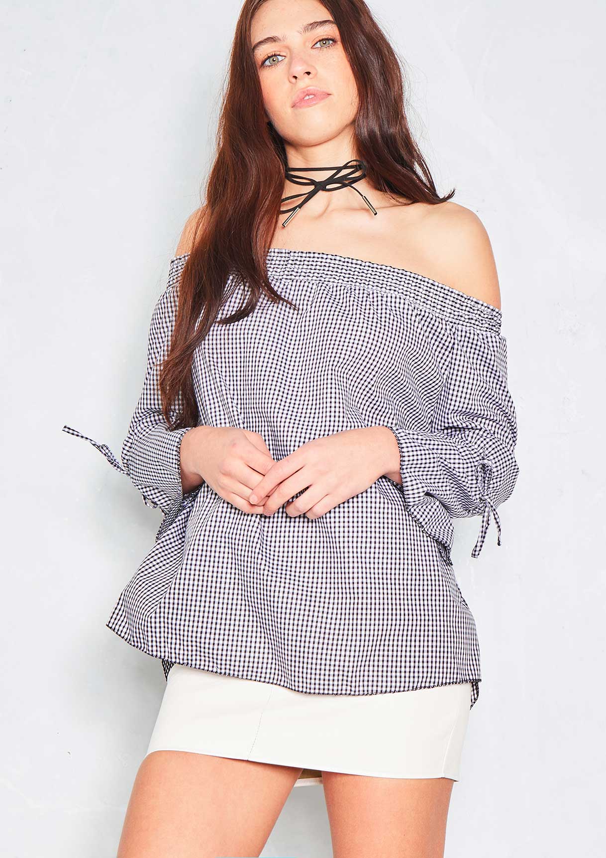 Kiah Black Gingham Bardot Top