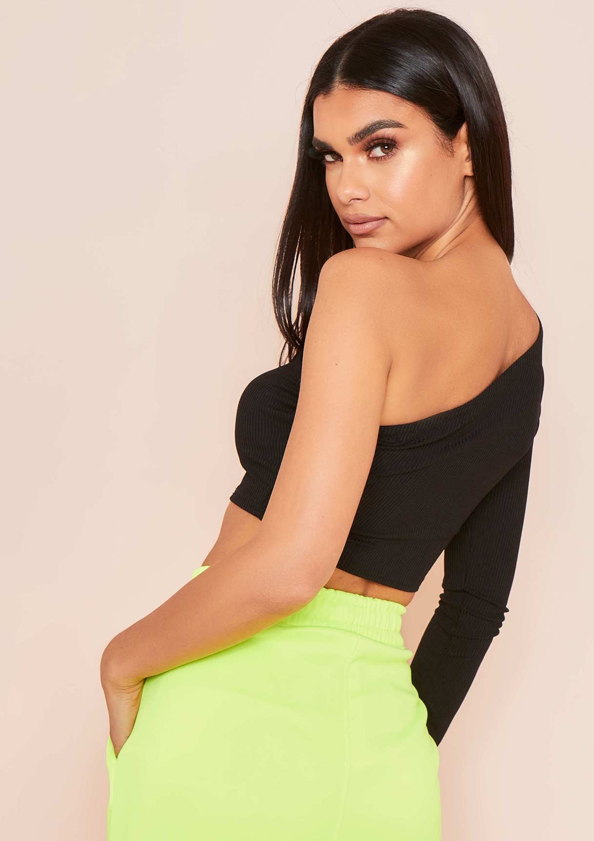 Lottie Black Ribbed One Shoulder Crop Top