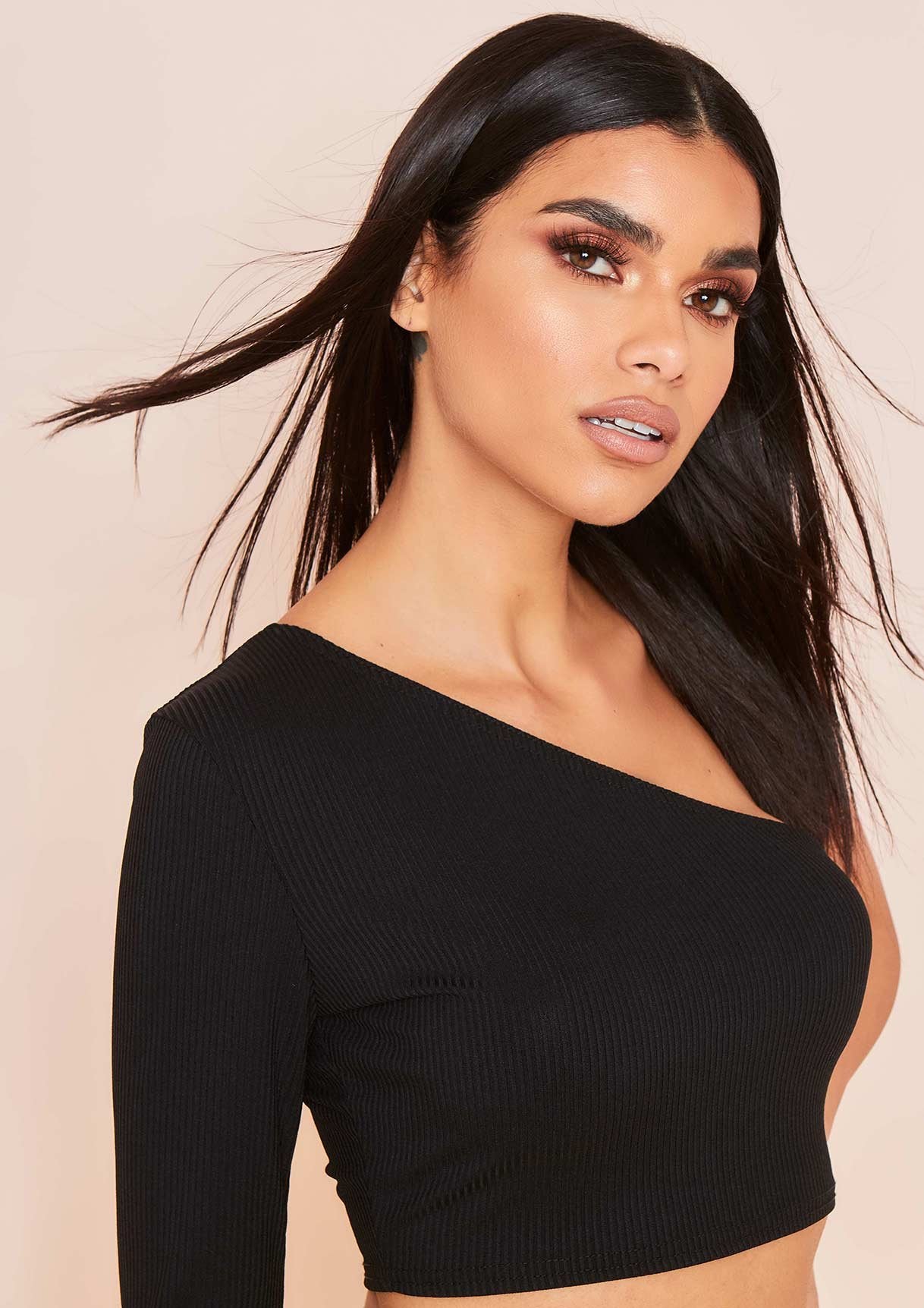 Lottie Black Ribbed One Shoulder Crop Top