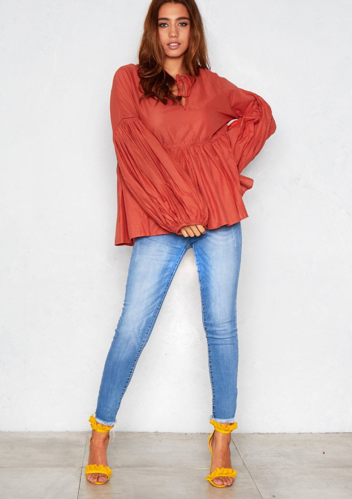 Maria Rust Oversized Puff Sleeve Top