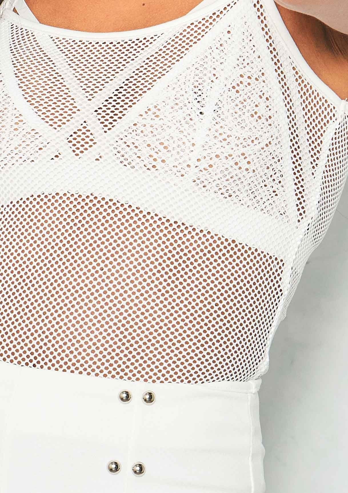 Beth White Fishnet Mesh Spaghetti Strap Bodysuit