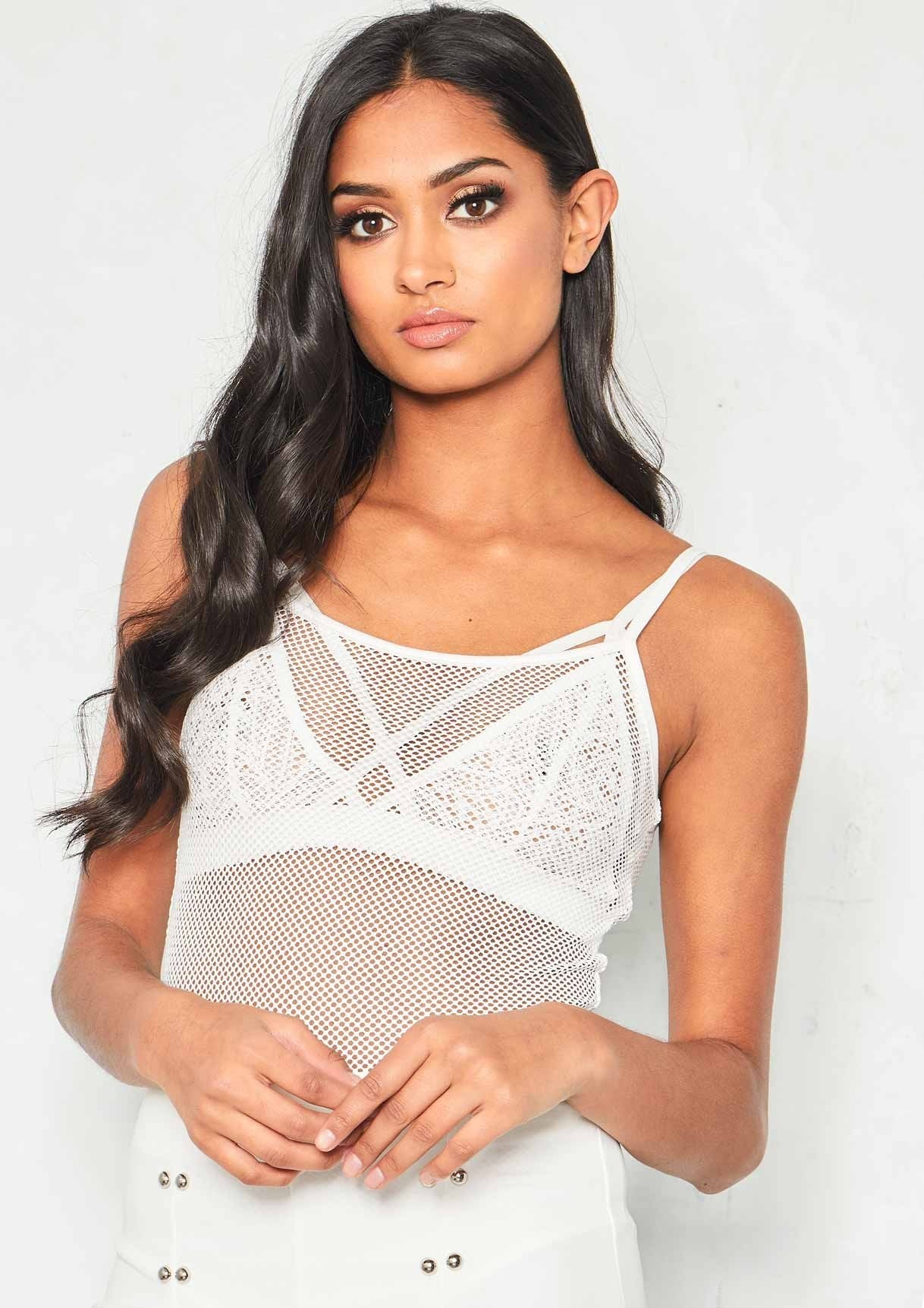 Beth White Fishnet Mesh Spaghetti Strap Bodysuit