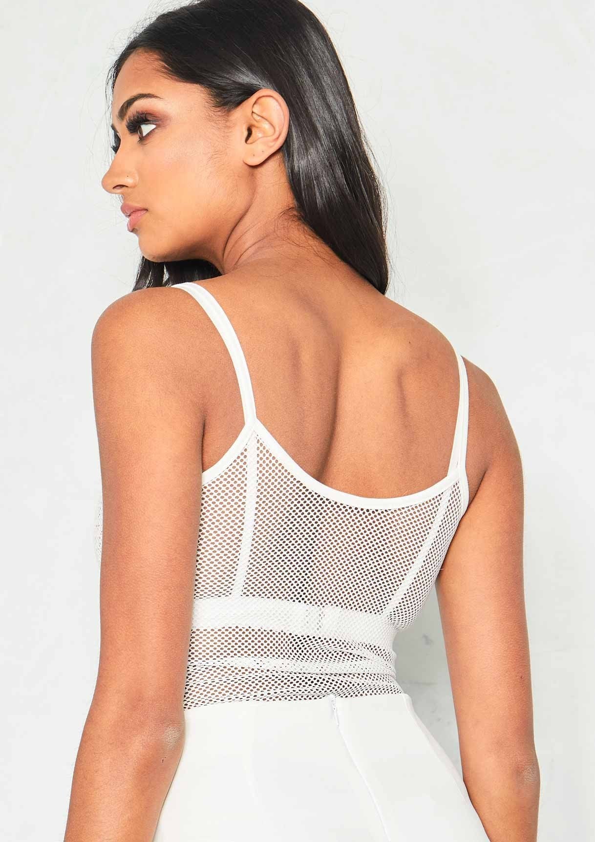 Beth White Fishnet Mesh Spaghetti Strap Bodysuit