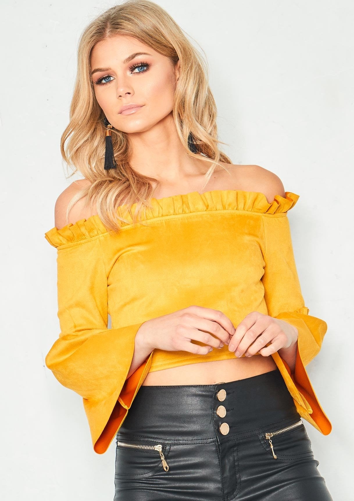 Jasmine Mustard Suede Frill Edge Crop Top