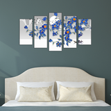 Blue Flowers & Flying Birds Canvas Printed Wall Painting- With 5 Frames