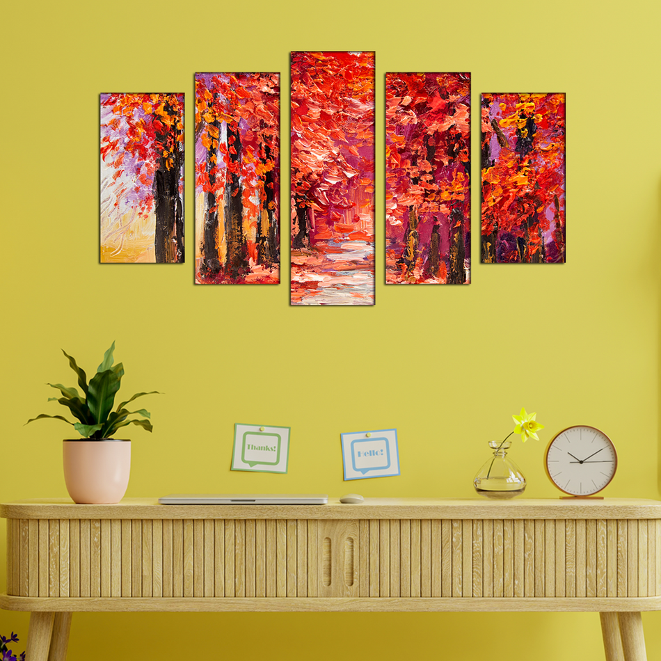 Red color Forest Canvas Printed Wall Painting- With 5 Frames