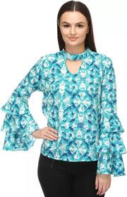 Casual Layered Printed Women Blue Top