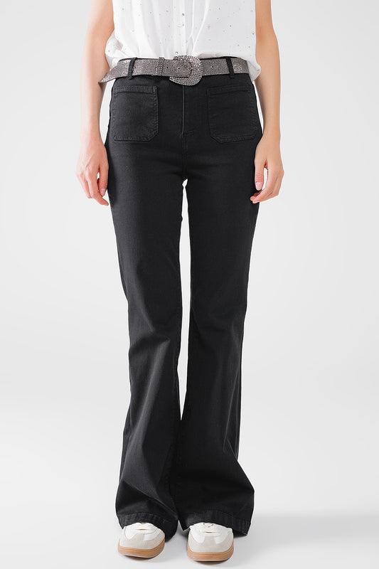 Q2 Black Skinny Flared Jeans With Front Pocket Detail