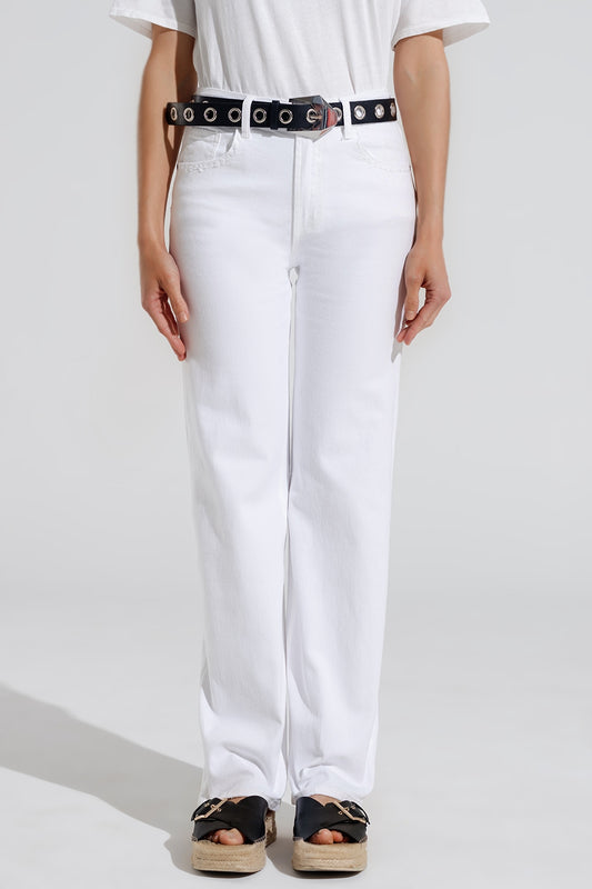 Q2 Stretch Denim Straight Jeans With 5 Pockets in White