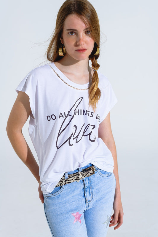 Q2 White T-Shirt With Black Text At The Front and Trim at The Neck