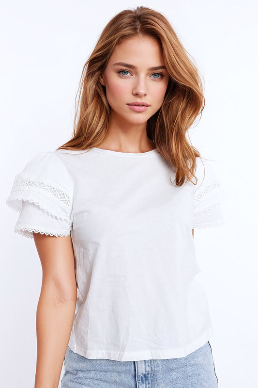 Q2 White T-shirt With Double Layer Laced Ruffled Sleeves.