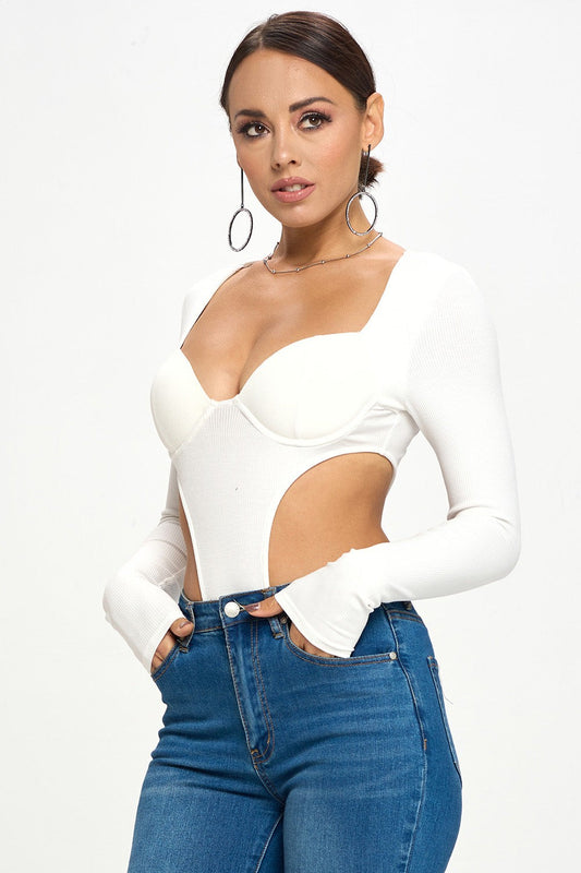 Cut Out Side Long Sleeve Knit Bodysuit - Szua Store