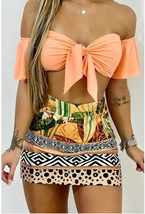 Off the Shoulder Tropical Print Two-Piece Set - Szua Store