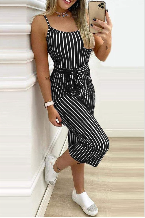 Striped Colorblock Cropped Jumpsuit With Belt - Szua Store