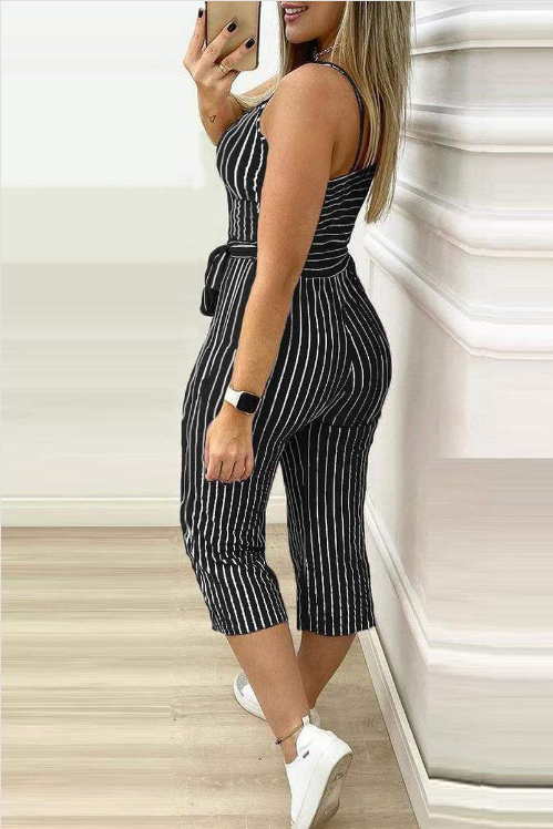 Striped Colorblock Cropped Jumpsuit With Belt - Szua Store