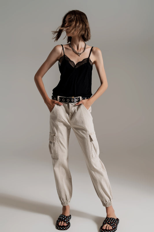 Beige cargo pants with elasticated waist and hem - Szua Store