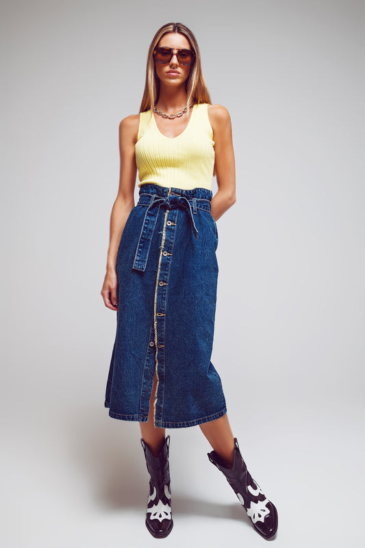 Belted Buttoned Denim Maxi Skirt - Szua Store