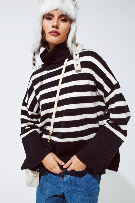 Black oversized trutleneck sweater with white stripes and splits on the side