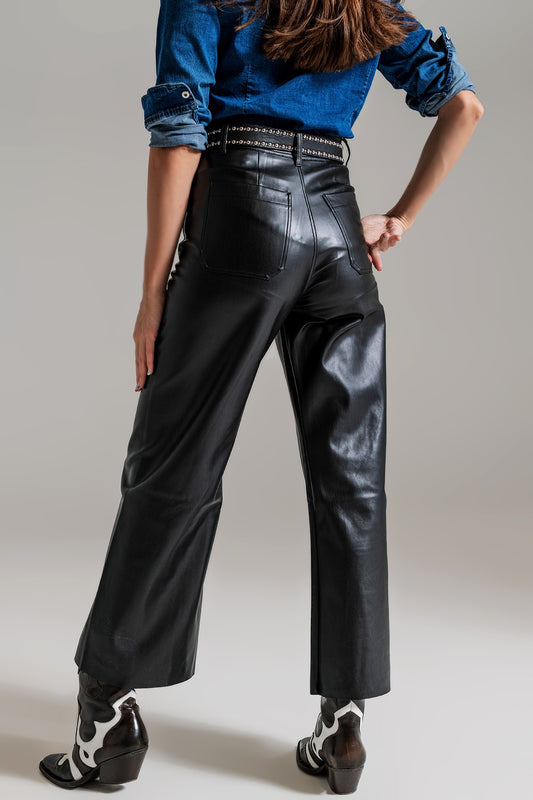 Black palazzo-style faux leather pants with pocket detail