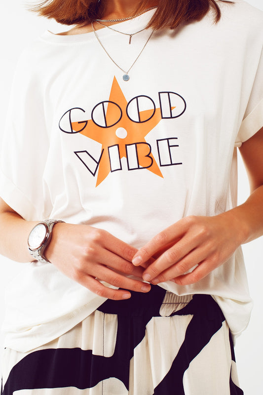 Boat neckline Relaxed fit T-shirt orange good vibe logo - Szua Store
