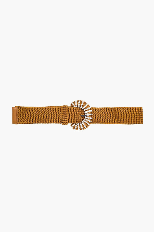 Brown woven belt with rounded buckle with beads