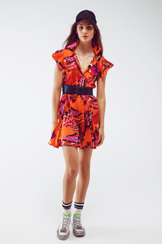 Button Down Skater Frilly Dress In Orange Floral Abstract Print - Szua Store