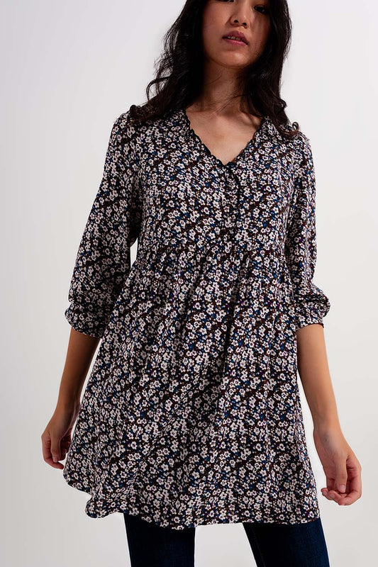 Button through mini dress in brown floral Szua Store