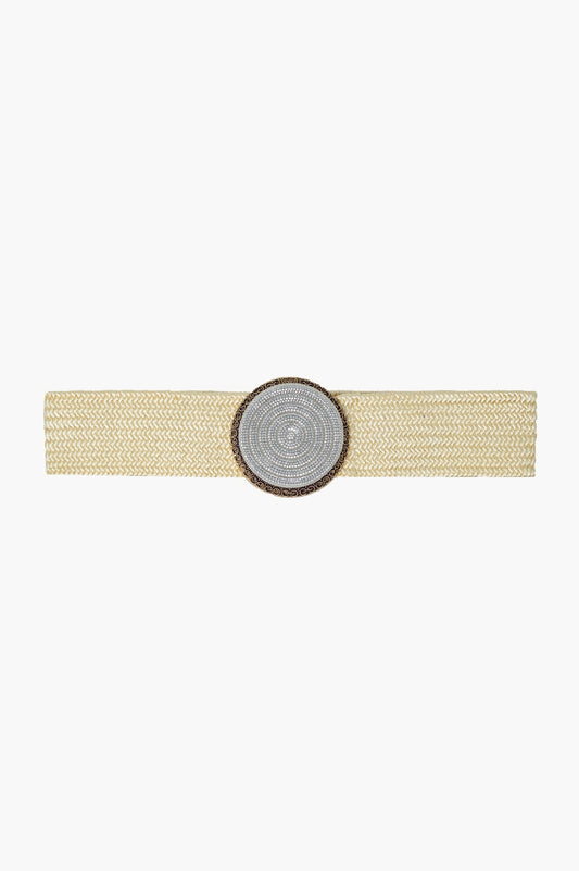 Cream woven belt with round buckle with rhinestones