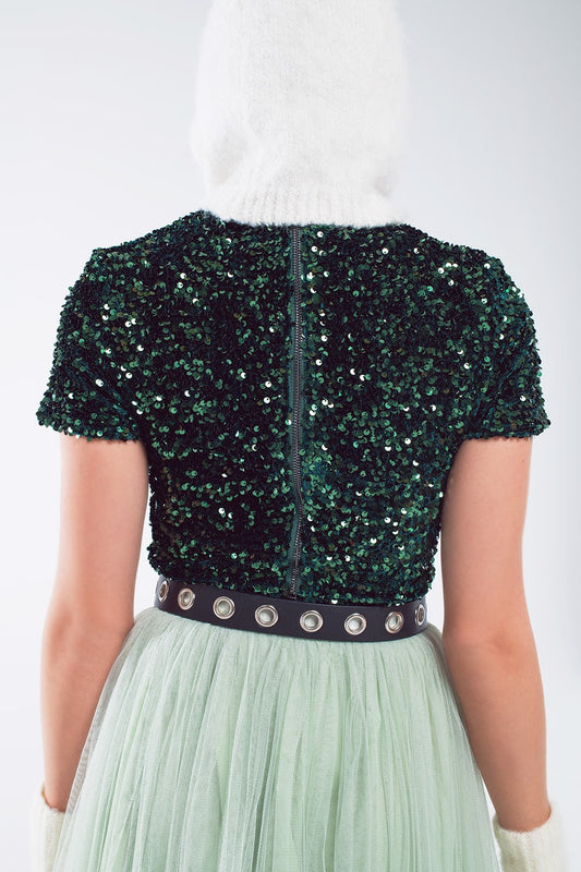 Cropped High Neck Top in Green  Sequin