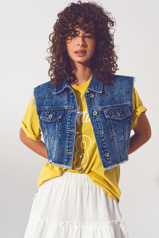 Q2 Cropped Studded Denim Vest in Blue