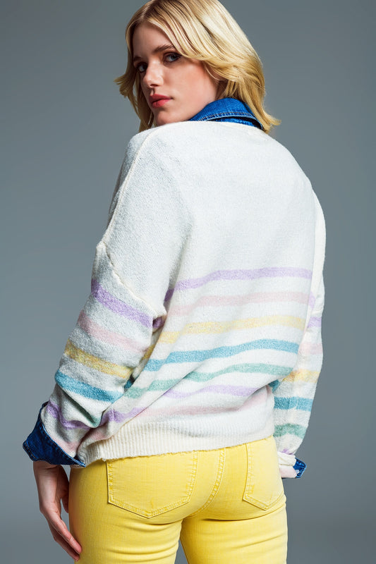Deep V neck Line Sweater With Stripes in Pastel Colors and Amour Embroidered