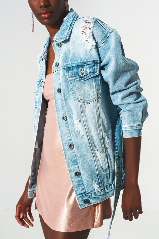 Q2 Distressed denim jacket with Belt in light wash