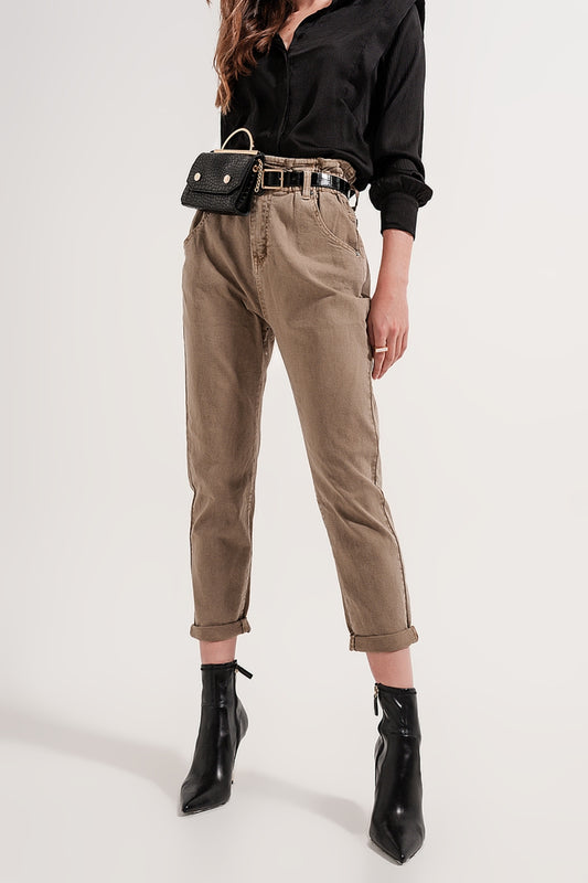 Elasticated paper bag waist jean in Beige Szua Store