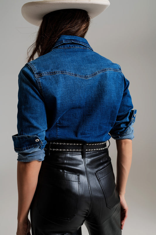 Fitted denim shirt with black graphic details with strass