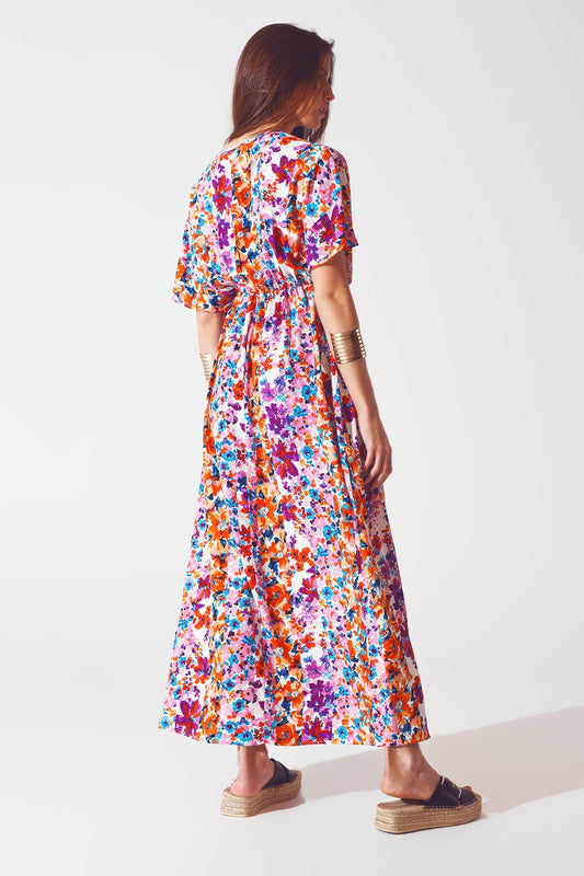 Floral V Neck Maxi Dress in White - Szua Store