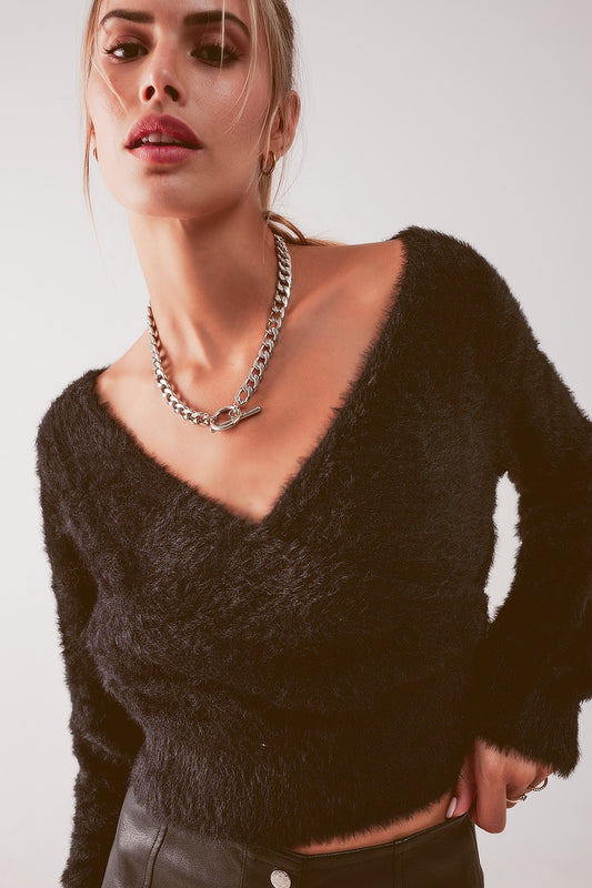 Fluffy v neck knit jumper in black Szua Store