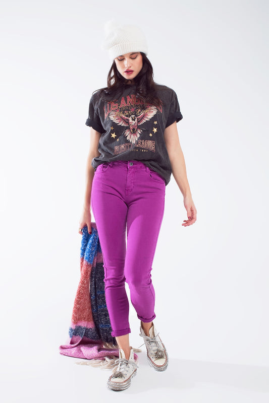 Jeans super skinny tobilleros fucsia con suaves arrugas