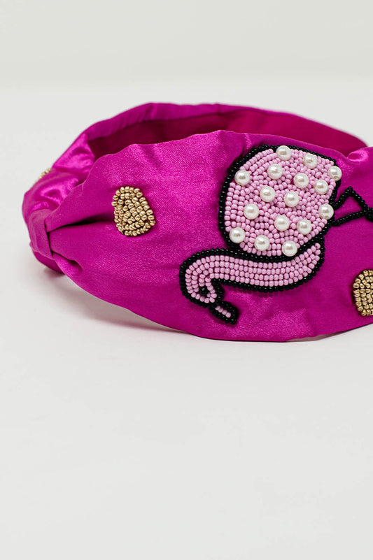 Diadema de Raso Fucsia con Flamigos Bordados