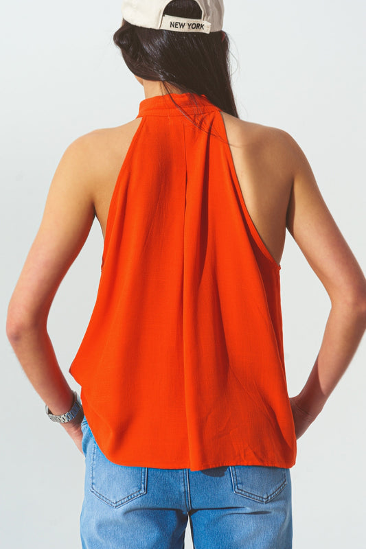 Halter Neck Top with Button Details in Orange - Szua Store