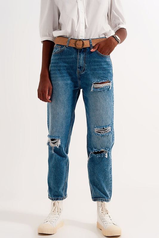 High rise slim mom jeans in midwash with rips Szua Store