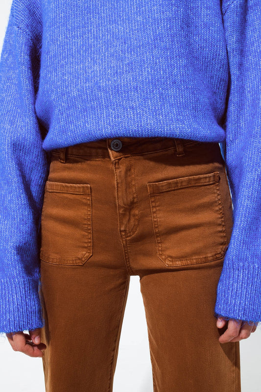 High waisted front pockets flare jeans in camel