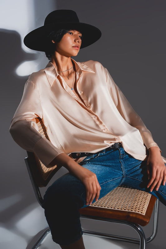 Long sleeve satin button front shirt in beige Szua Store