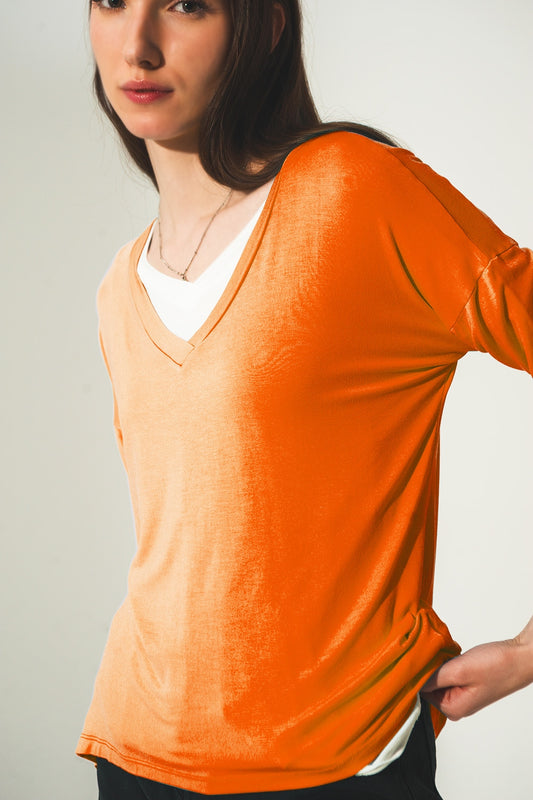 Long sleeve v neck top in modal in Orange - Szua Store